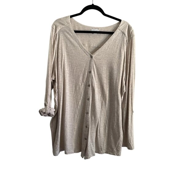 J.Jill Women XL Oatmeal Jersey Slub Roll Tab Sleeves V-Neck Button Up Top - Picture 1 of 9